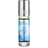 Zilverkleurige parfumolie fles met blauw-witte verpakking van Al-Rehab Parfumolie
